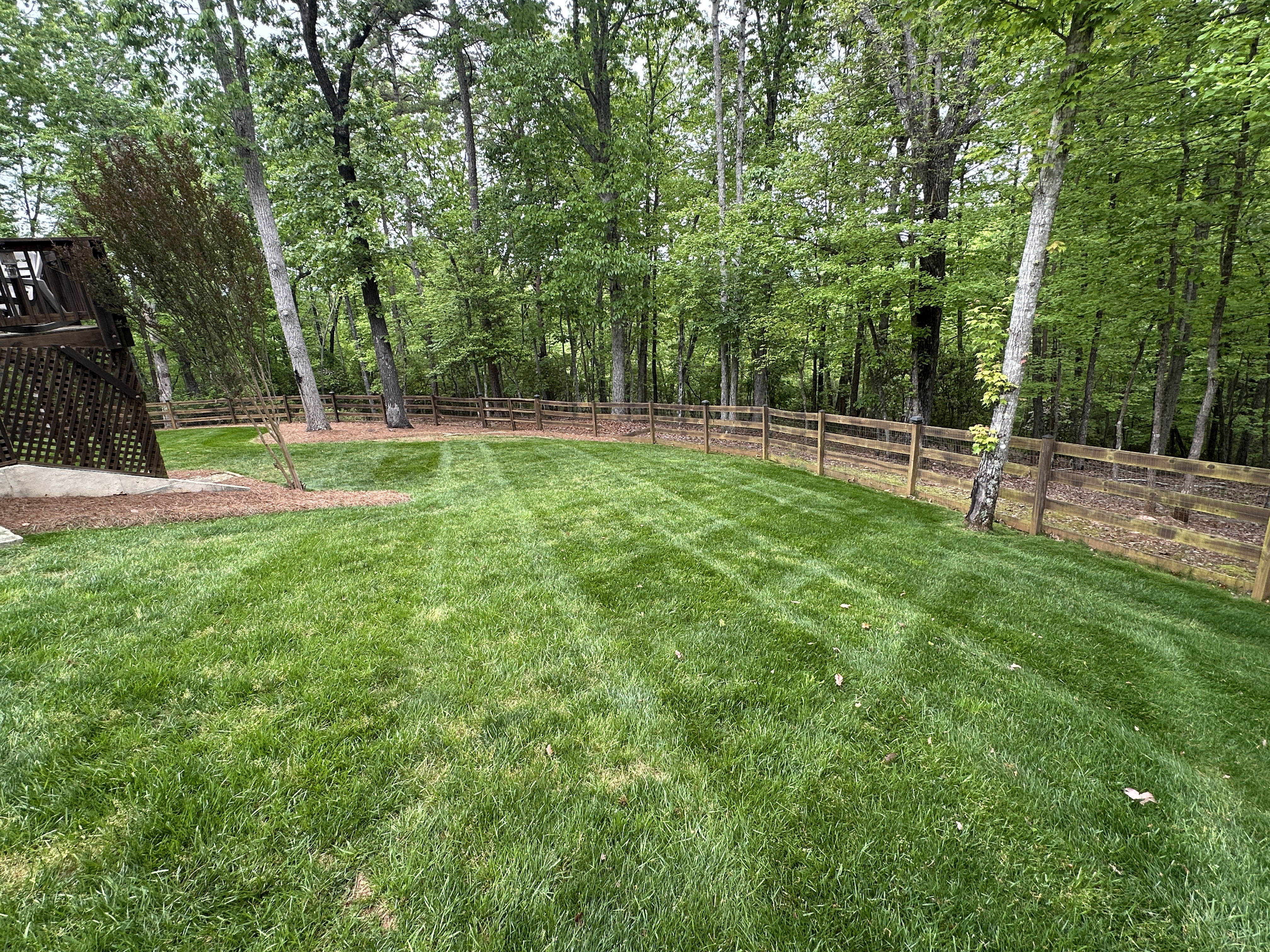 Maintained backyard lawn with neat pine straw beds and a wooden fence